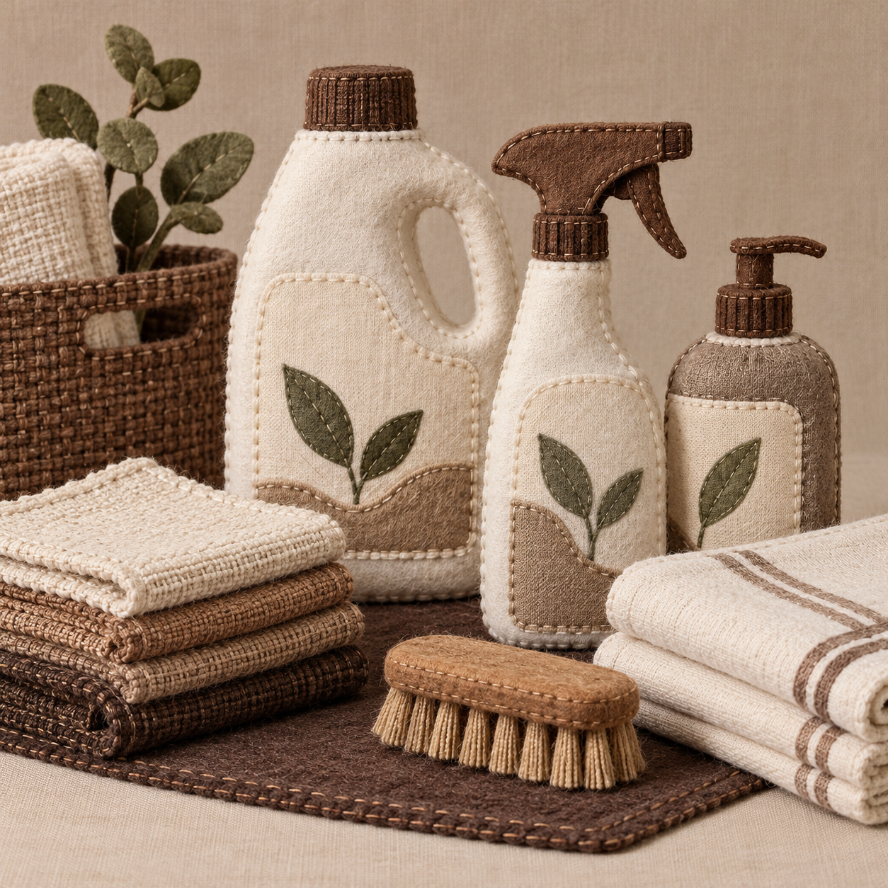 Illustration of commercial cleaning supply room: refill containers, stacked cloths, folded linen towels