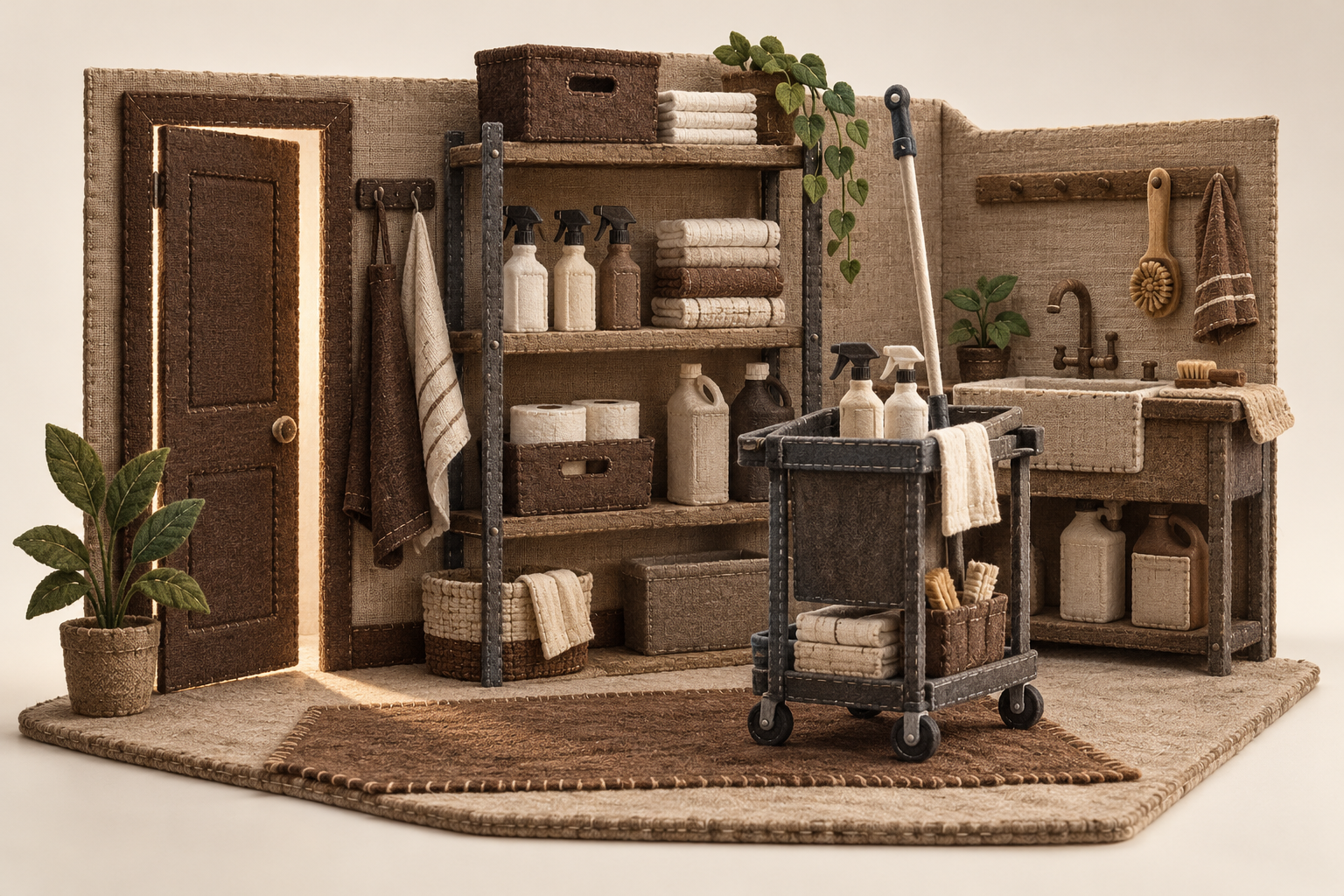 Illustration of commercial cleaning supply room: folded linen towels, unbranded spray bottles, a clean service trolley
